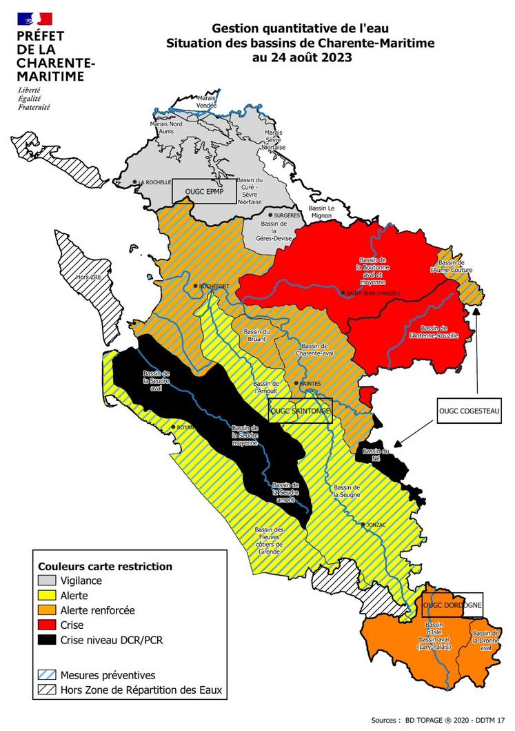 Situation des bassins de Charente-Maritime au 24 août 2023.